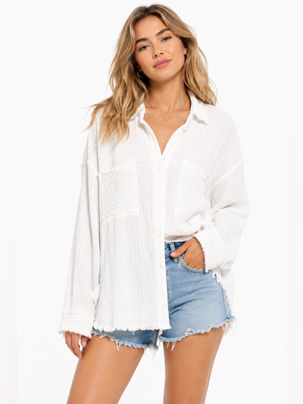 Urban Outfitters Textured Cotton Shirt Raw Edge Beachy Boho Layer Overshirt Med